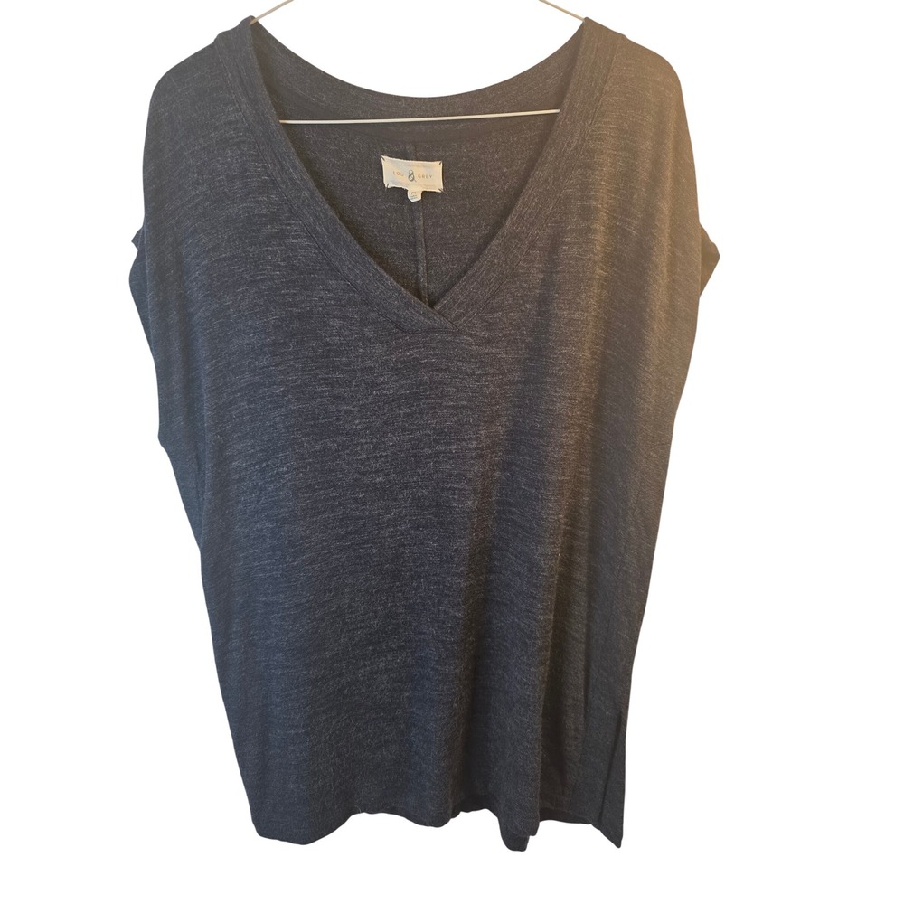 Lou & Grey Womens V-Neck Short Cap Sleeve Marl Knit Top Charcoal Grey Medium